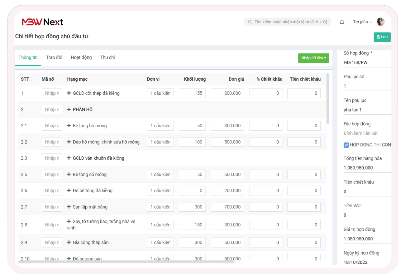Hợp đồng khối lượng với chủ đầu tư