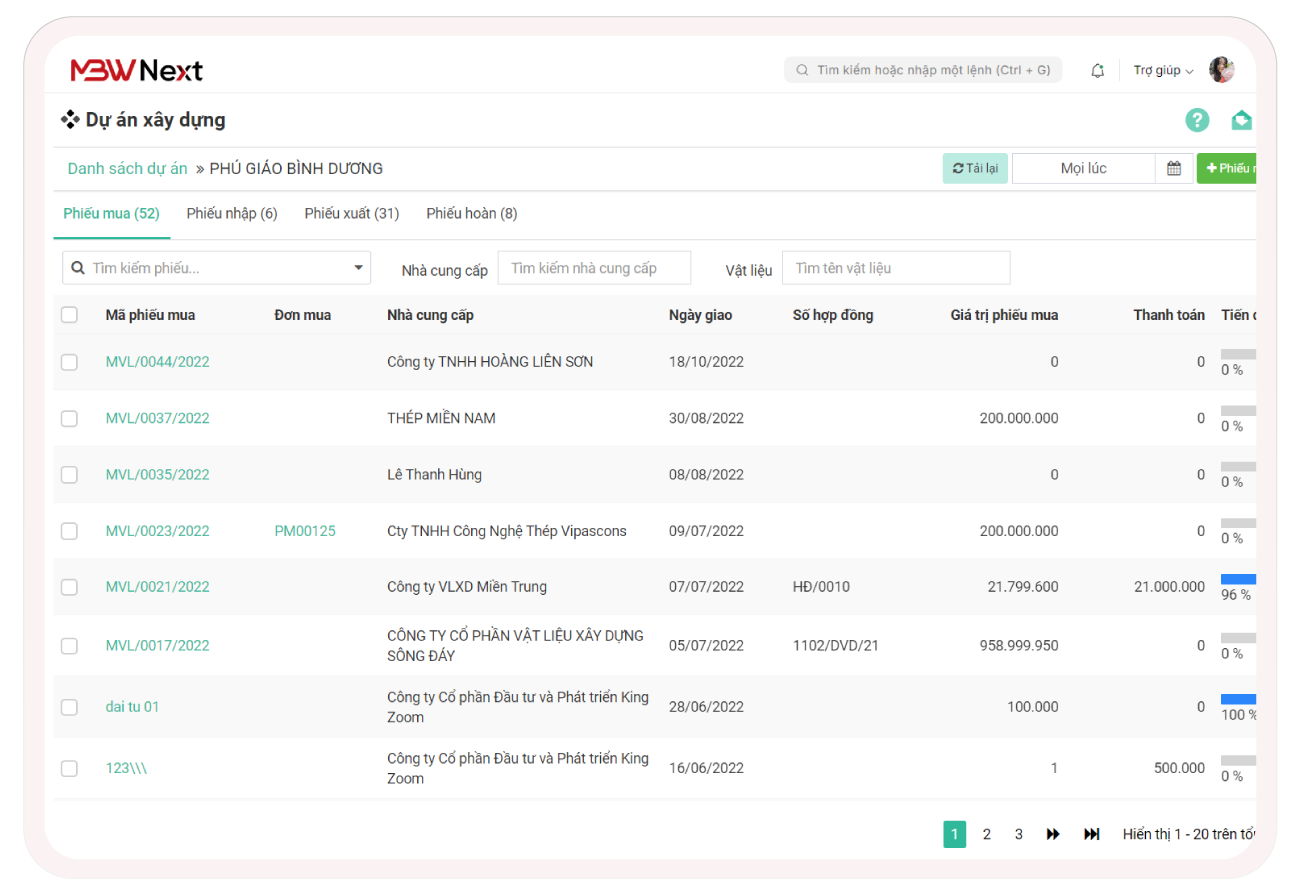 Tổng hợp phiếu mua vật tư kèm NCC