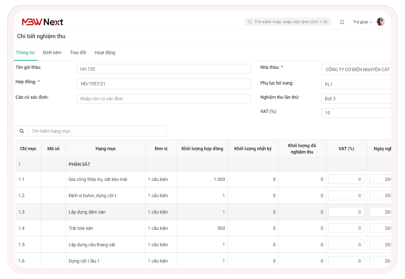 Bảng khối lượng nghiệm thu theo đợt