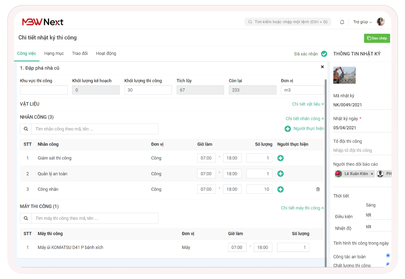 Chi tiết nhật ký thi công hàng ngày