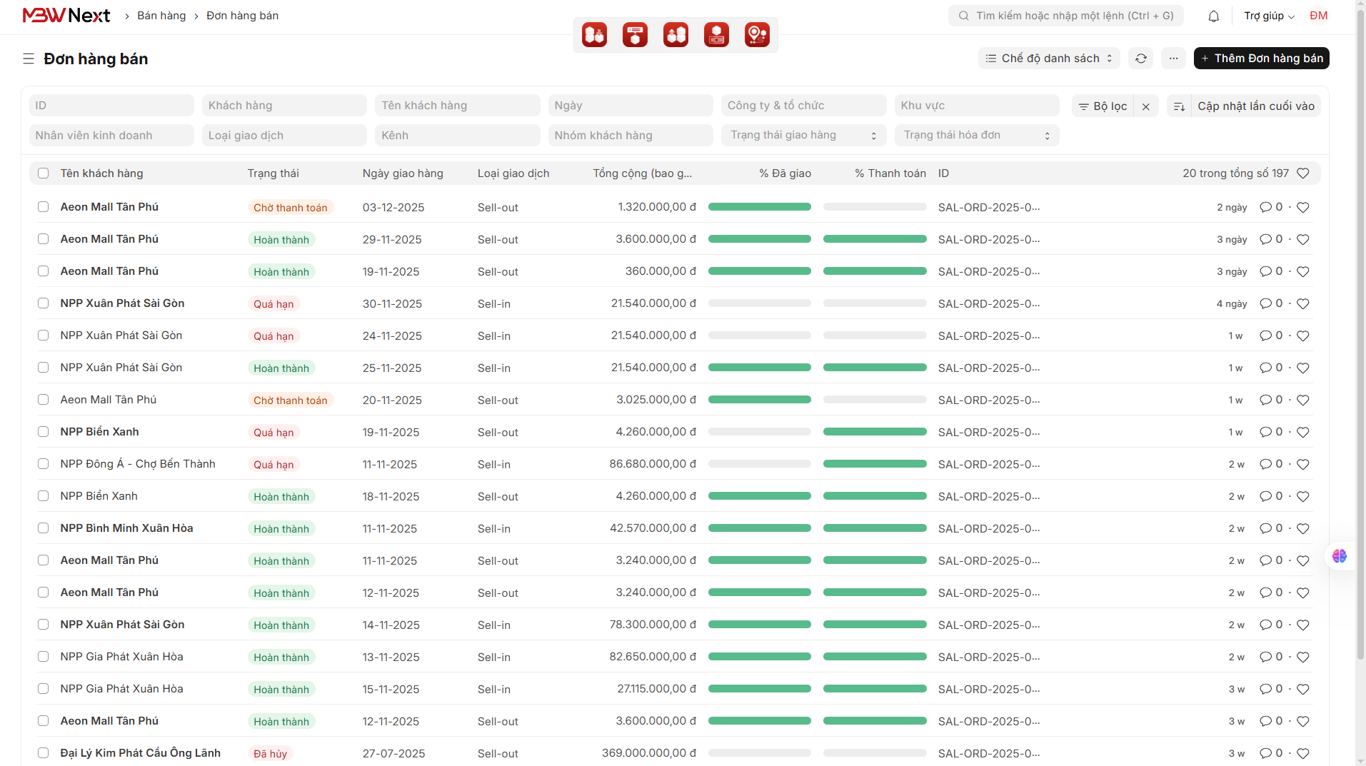Giao diện danh sách Đơn hàng SO trên MBW Next