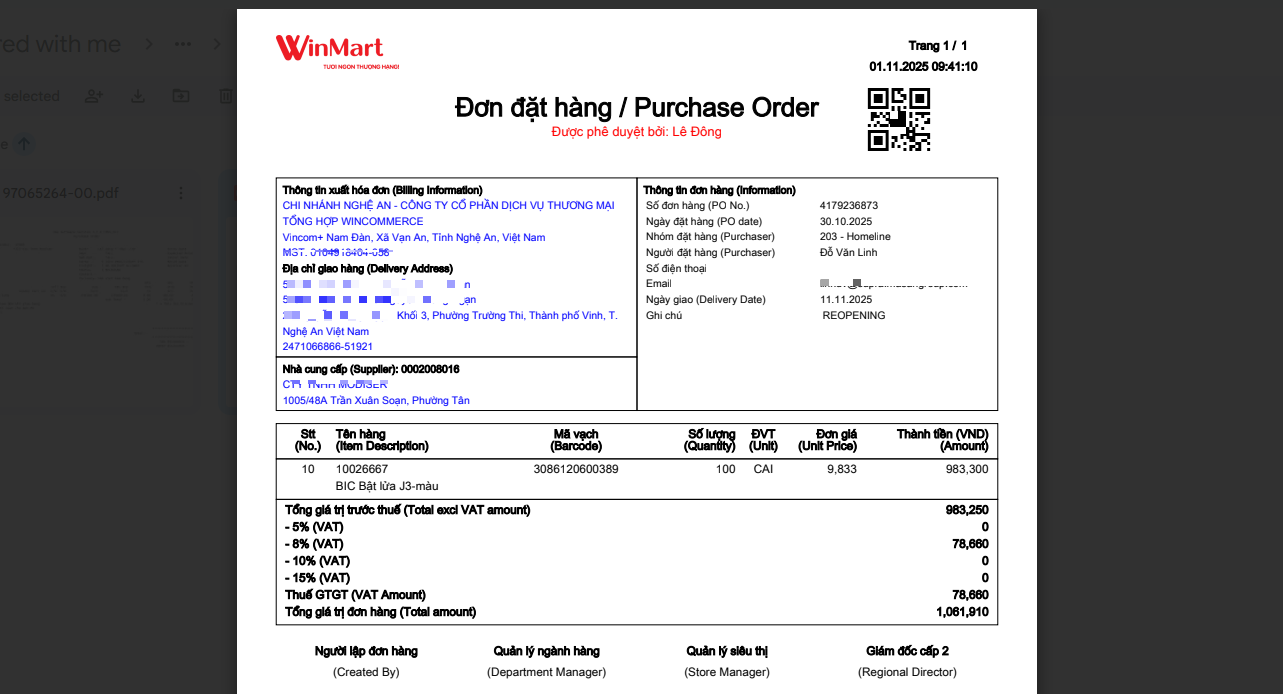 Mẫu PDF Đơn đặt hàng (PO) của Winmart 