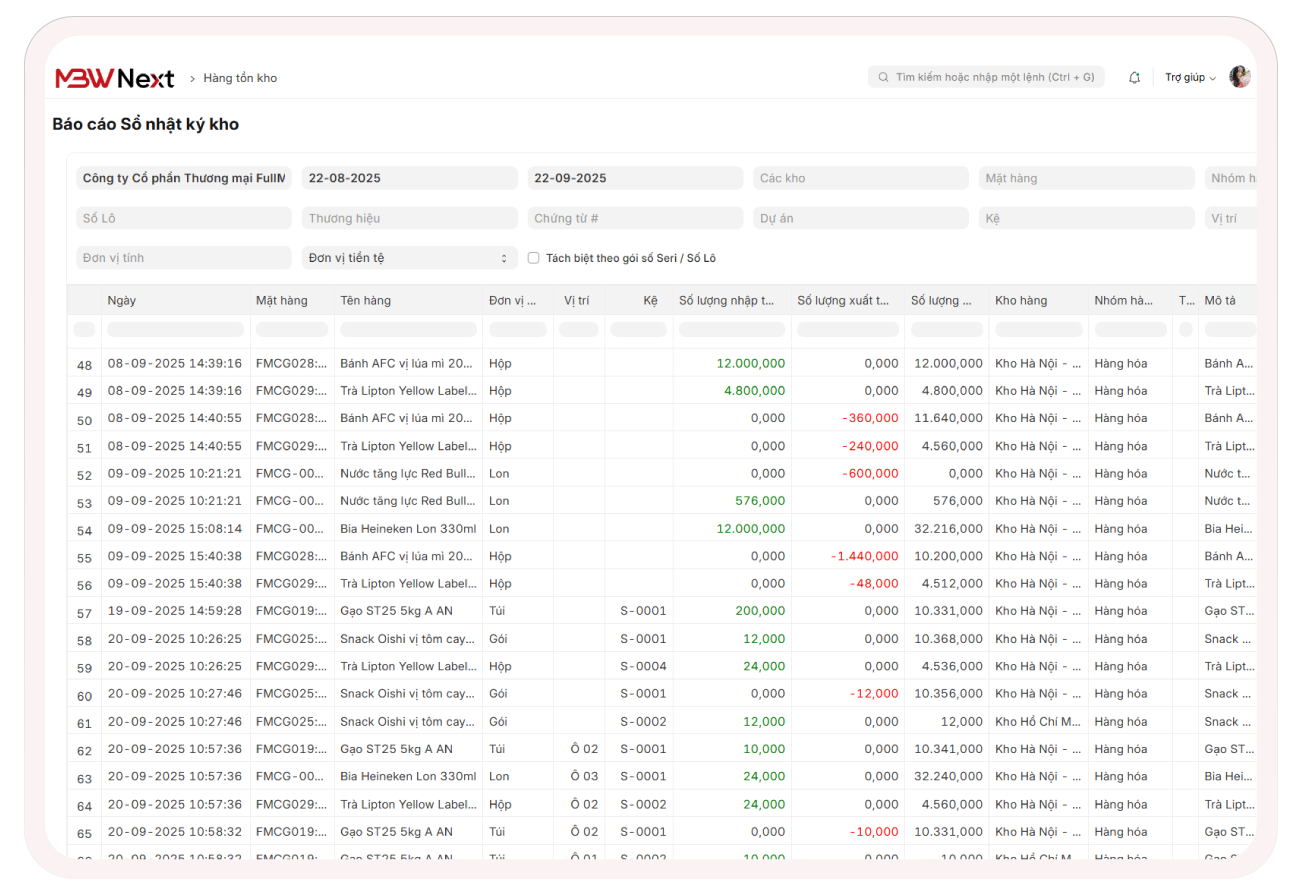 Giao diện Báo cáo Sổ nhật ký kho - Đồng bộ dữ liệu kho hàng đa tầng trên MBW Next