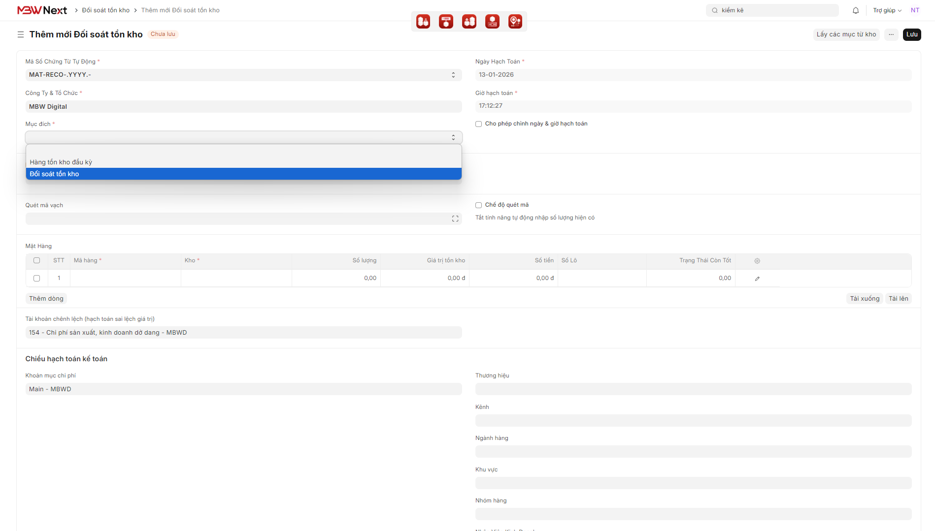 Chứng từ kiểm kê trong module Kho hàng của phần mềm MBW Next