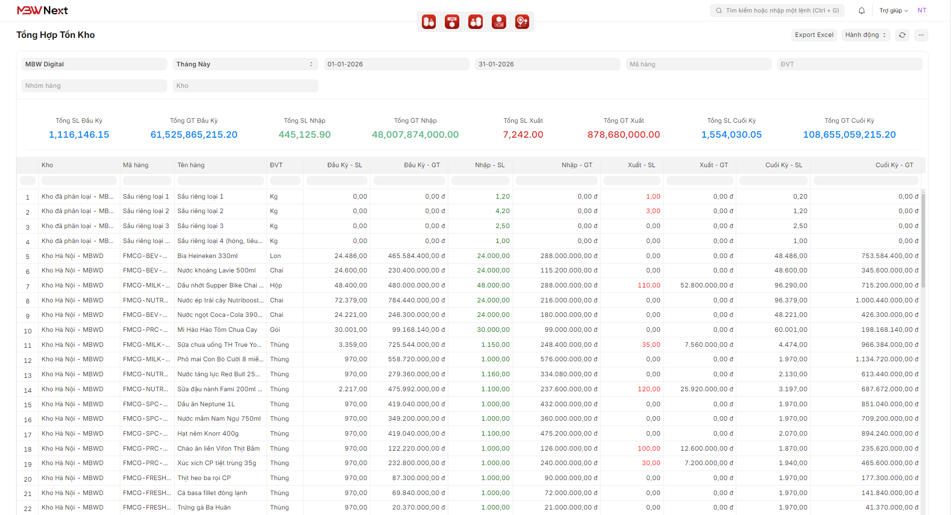 Giao diện báo cáo tổng hợp Tồn kho 