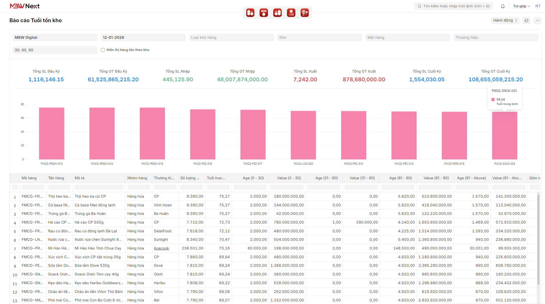 Giao diện báo cáo tuổi tồn kho chi tiết theo từng mã hàng