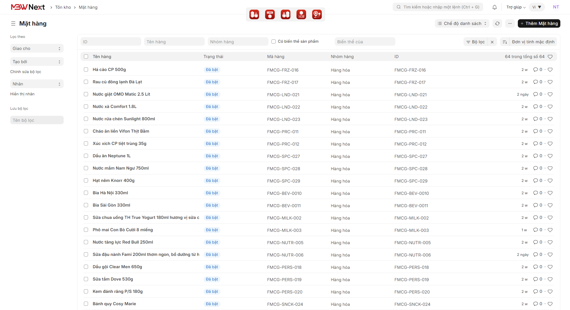 MBW Next - Dữ liệu mặt hàng