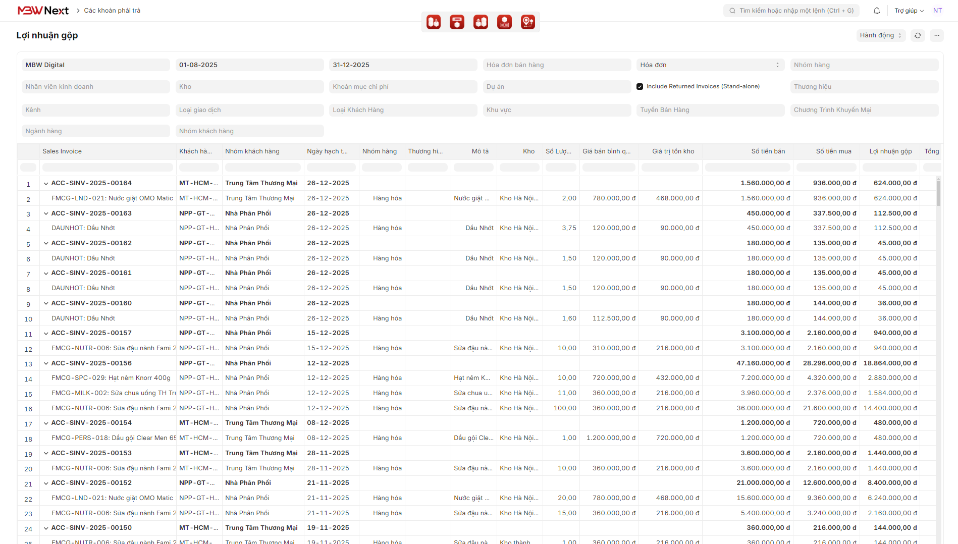 Giao diện báo cáo lợi nhuận - chi tiết, được cập nhật realtime