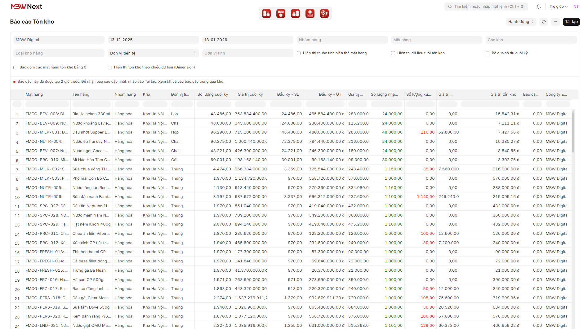 Báo cáo tồn kho trên phần mềm MBW Next