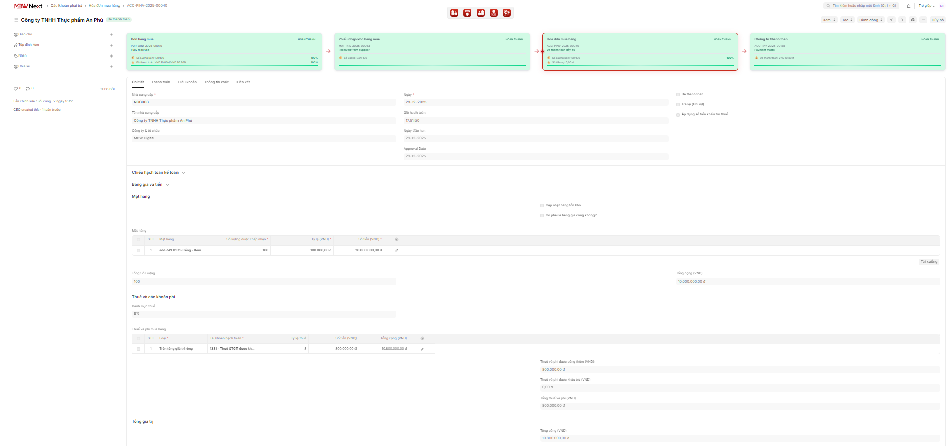 MBW Next ghi nhận đầy đủ chi phí ngay từ chứng từ mua hàng 