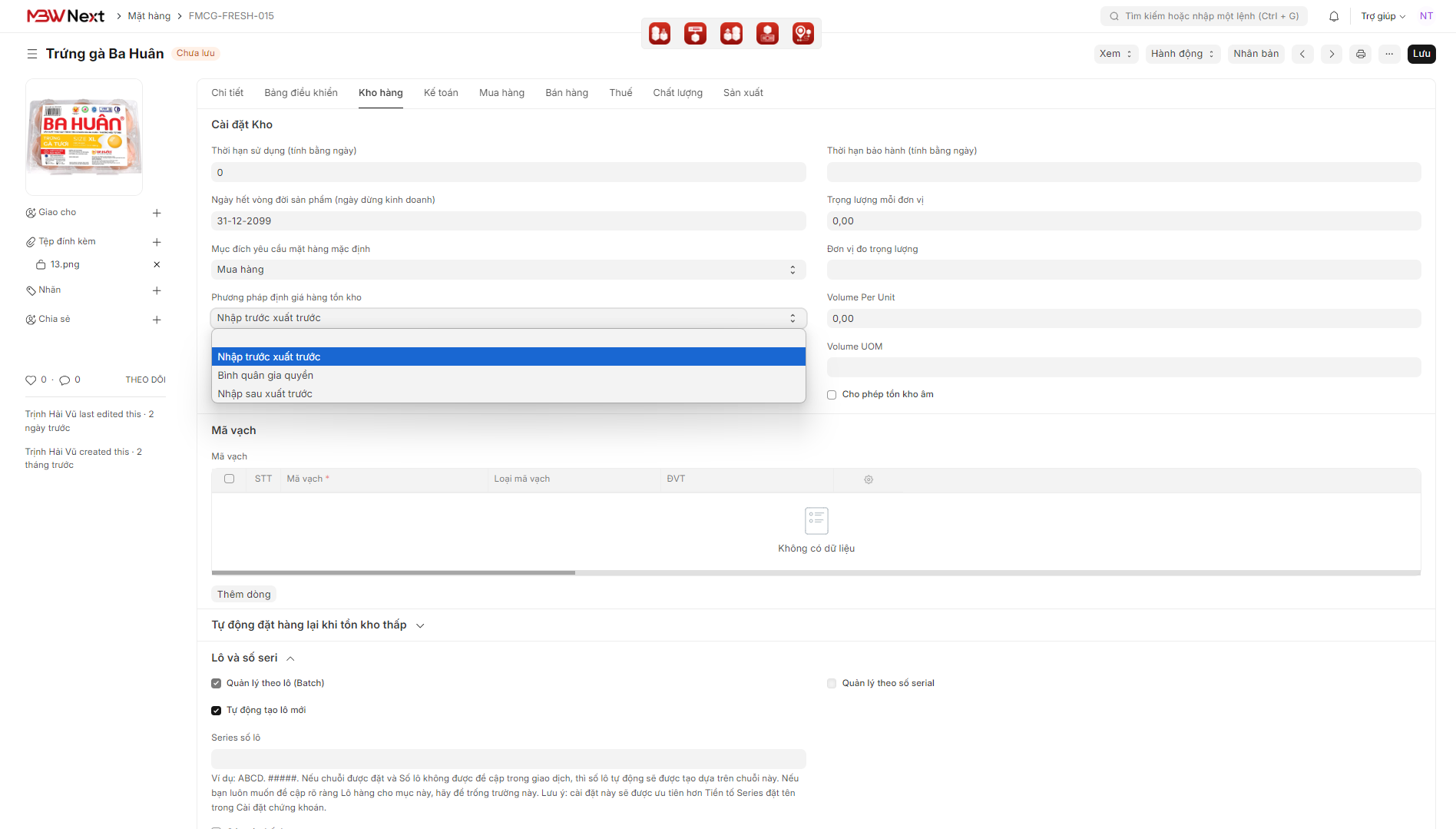 Cấu hình phương pháp tính giá vốn nhất quán theo mặt hàng