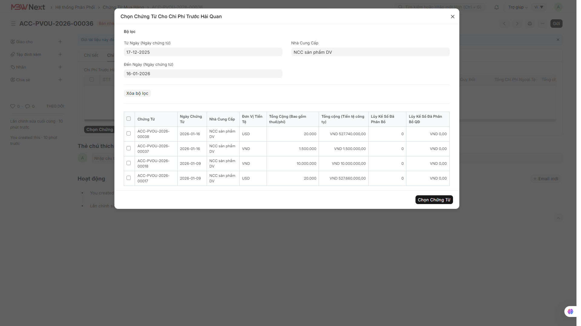 Khai báo chi phí trước hải quan và chi phí mua hàng