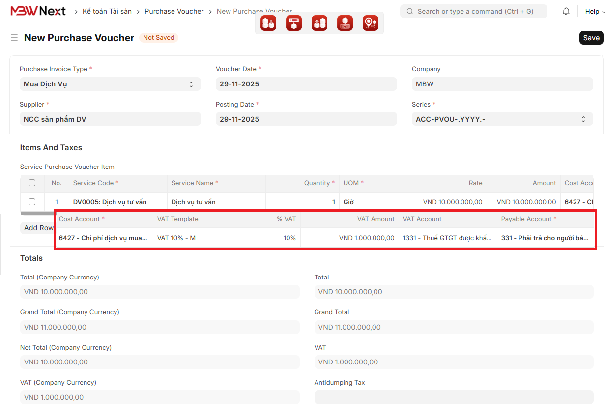 Khai báo thông tin chi tiết trên Chứng từ mua hàng (Purchase Voucher)