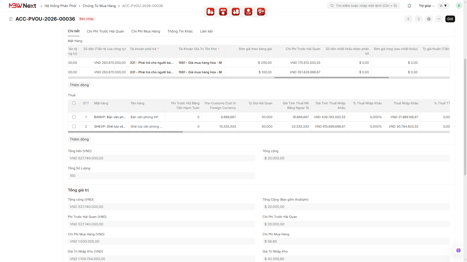 Phân bổ thuế và chi phí vào giá vốn bằng Chứng từ phân bổ (Landed Cost Voucher)