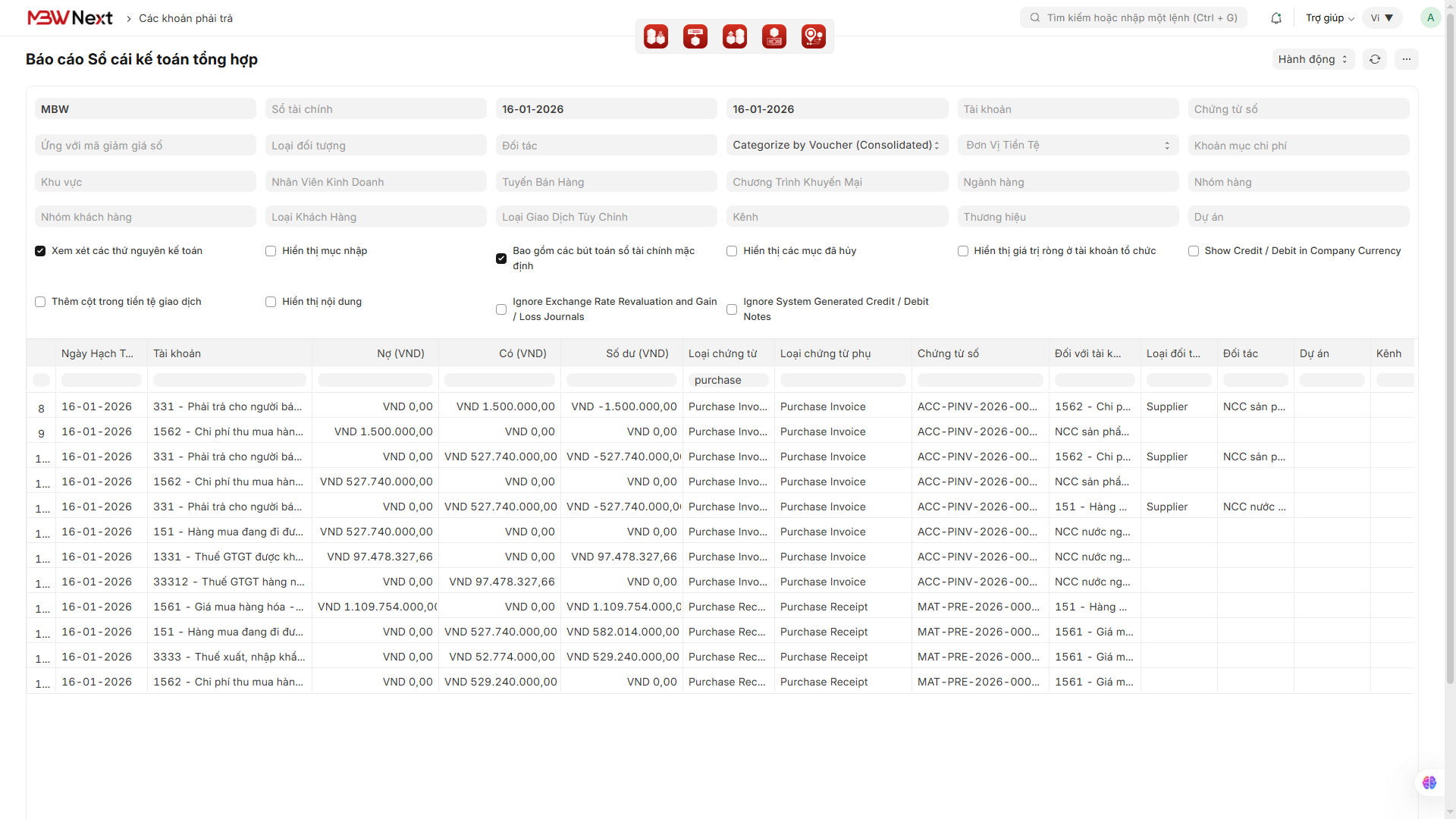 Sổ cái kế toán tổng hợp đầy đủ chi phí Mua hàng theo đúng phân bổ