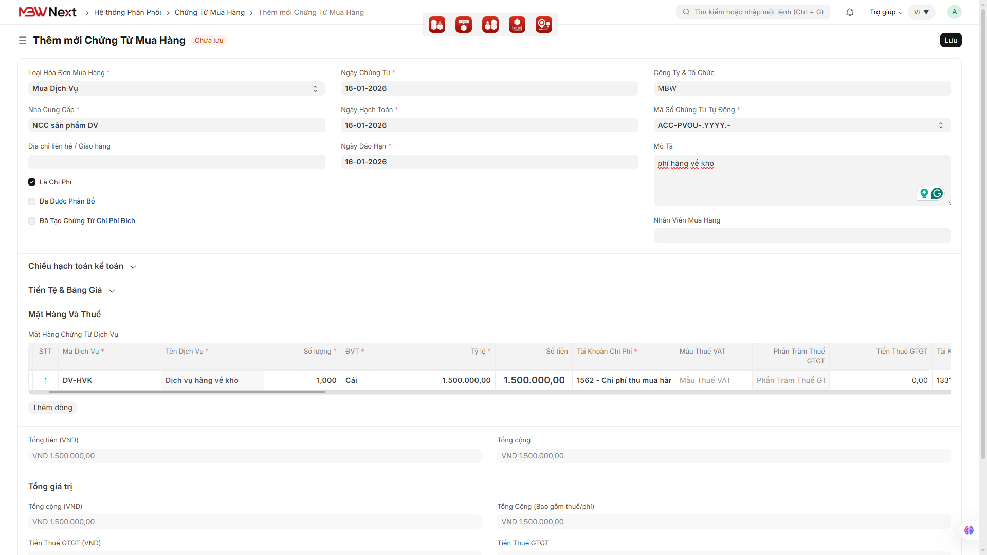Tạo Purchase Voucher cho chi phí hàng về kho