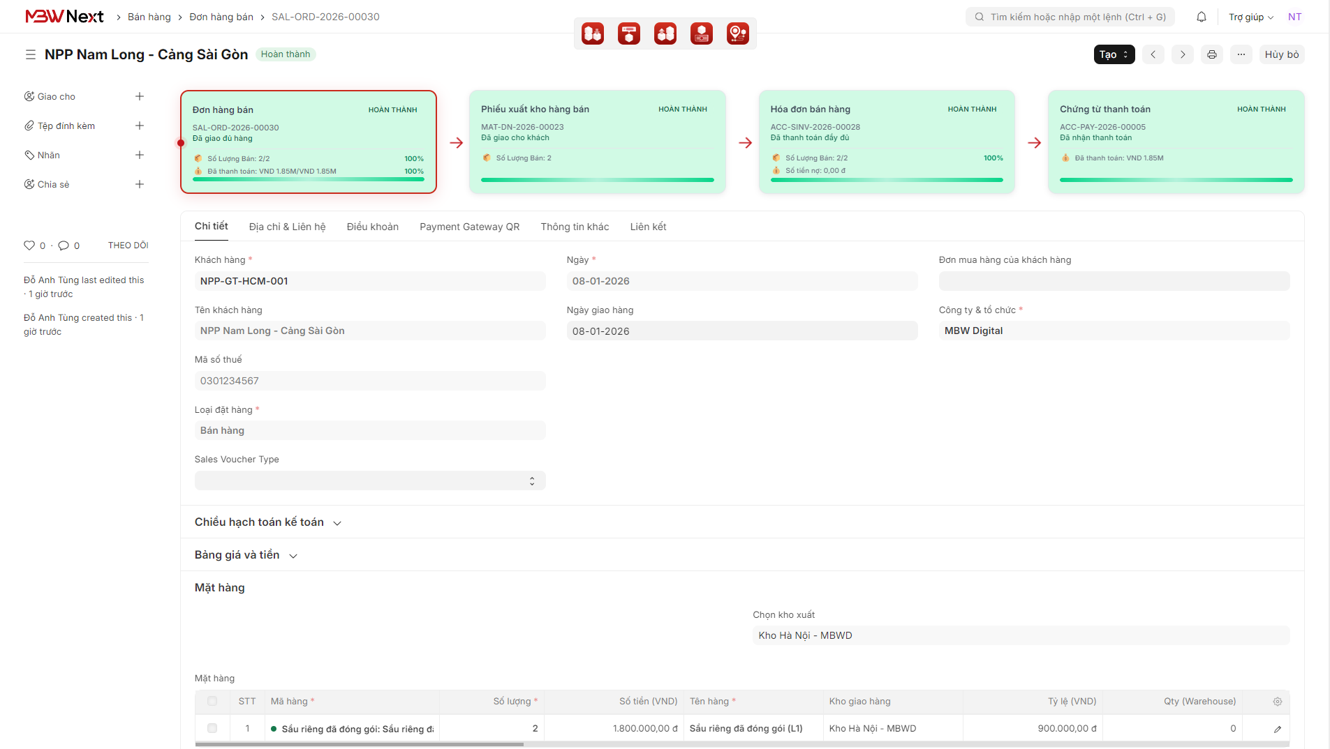 Thông tin đơn hàng được liên thông với Kho và Kế toán 
