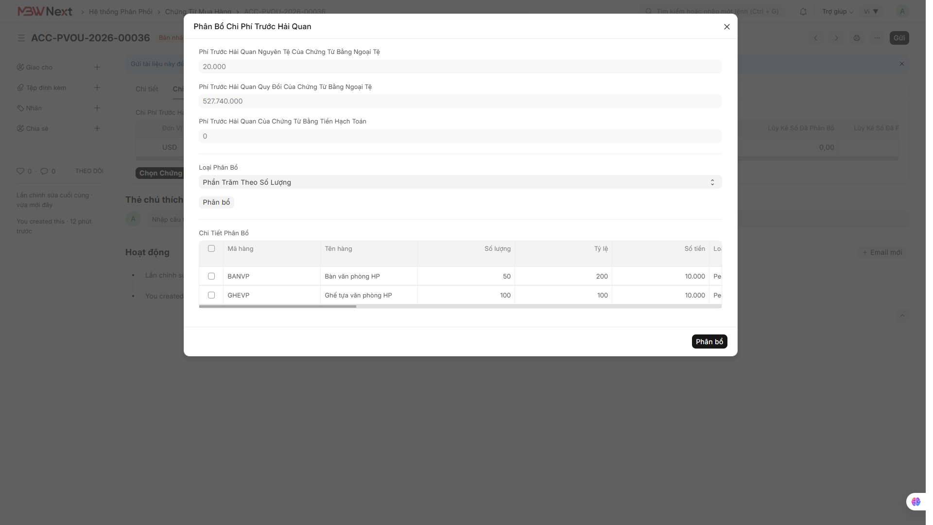 Phân bổ chi phí và thuế vào giá vốn bằng Landed Cost Voucher