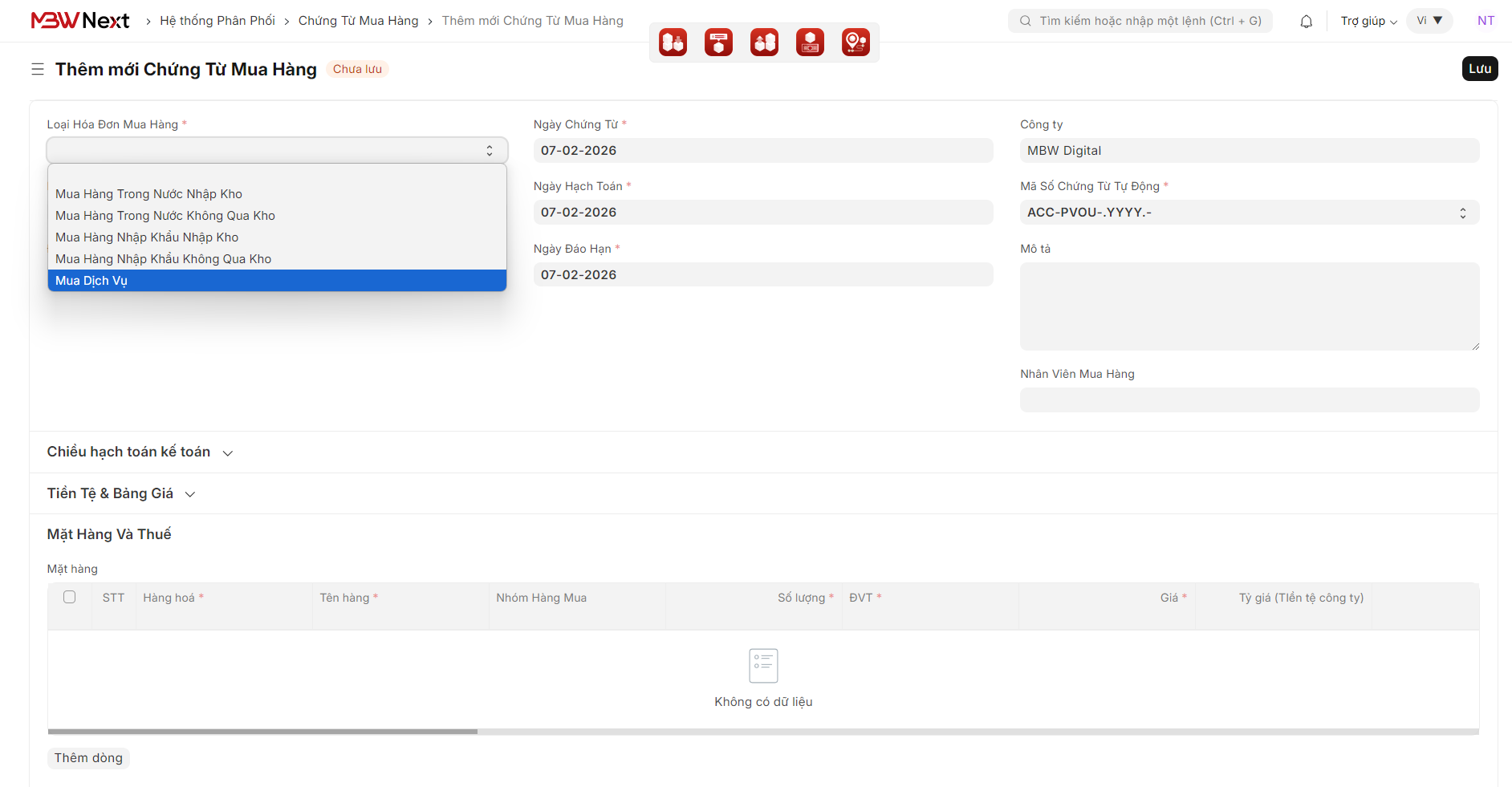 Khởi tạo chứng từ mua hàng (Purchase Voucher)
