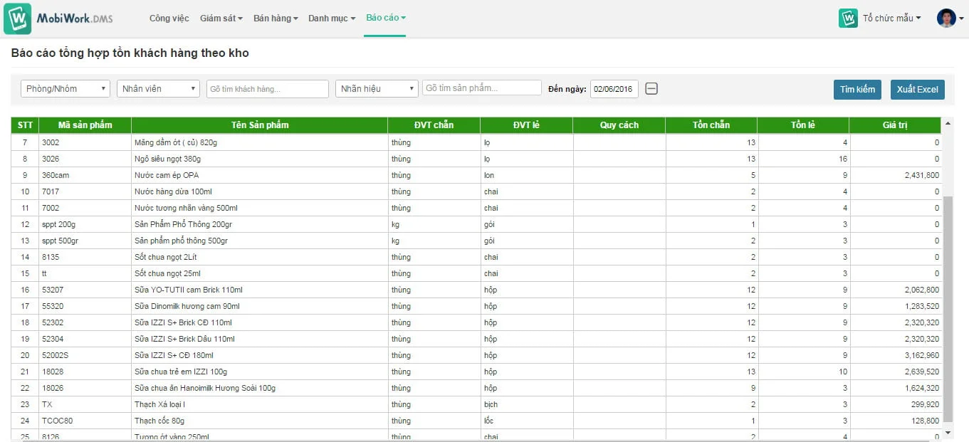 Báo cáo tổng hợp tồn khách hàng theo kho