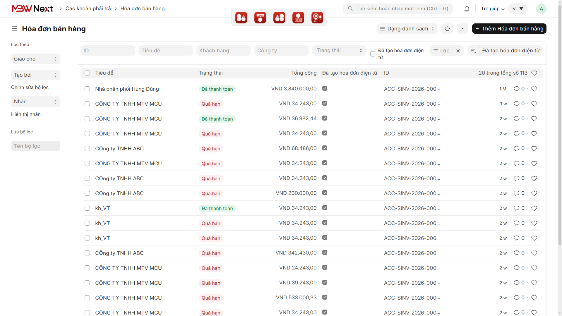 Giao diện danh sách hóa đơn điện tử MBW Next