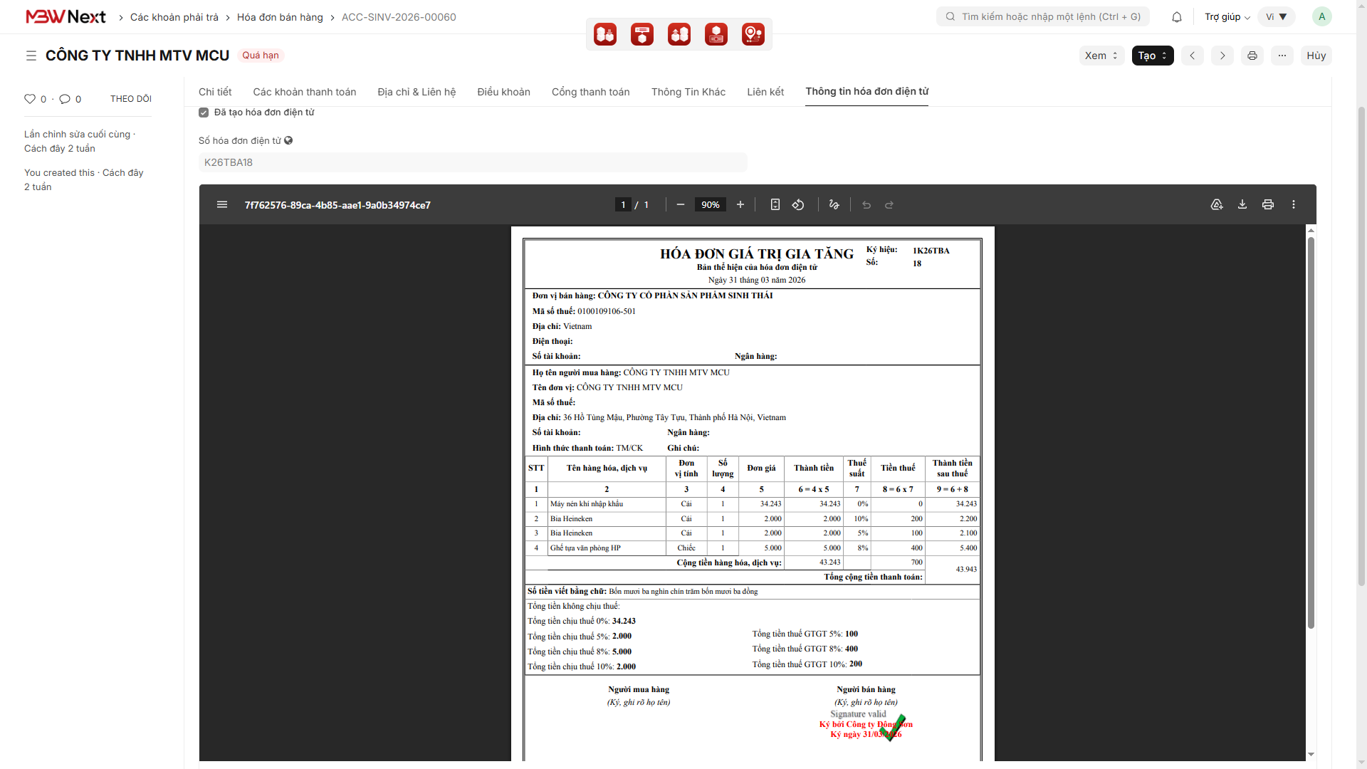 Giao diện hóa đơn điện tử MBW Next