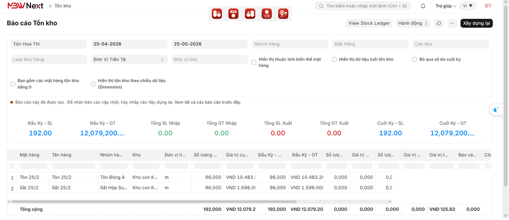Giao diện DEMO - Báo cáo tồn kho Vật liệu xây dựng - MBW Next