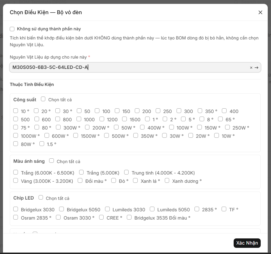 Thiết lập BOM Template và BOM Rule cho từng thành phần